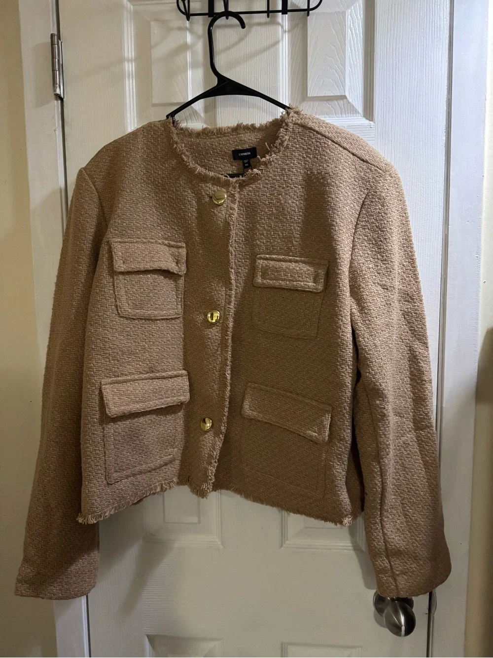 Express Women’s Tweed Fringe Jacket Tan Gold Button XXL Nwt - Picture 6 of 12